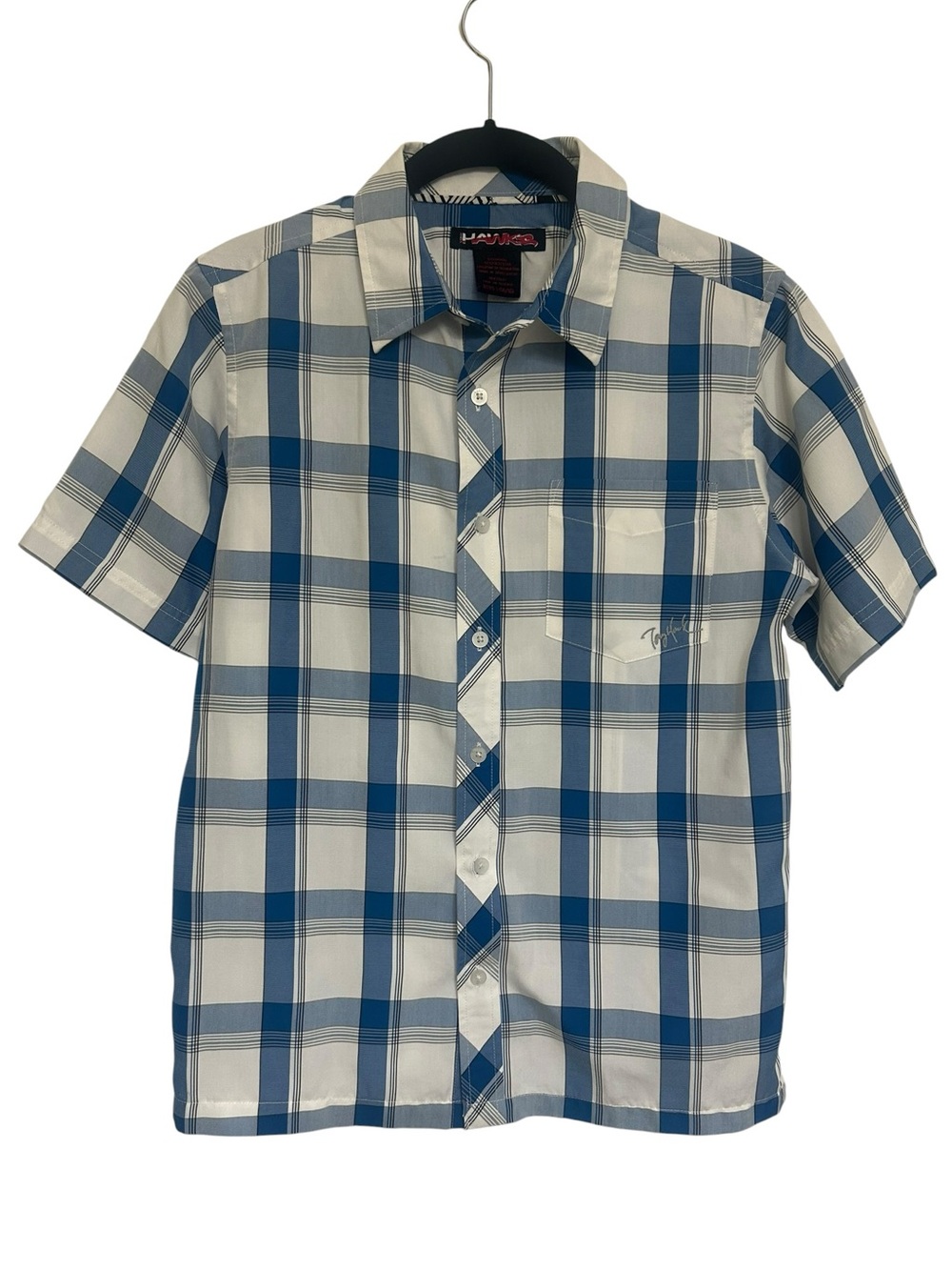 Vintage Tony Hawk Blue and White Short Sleeve Button Down Shirt Sz L 14-16
